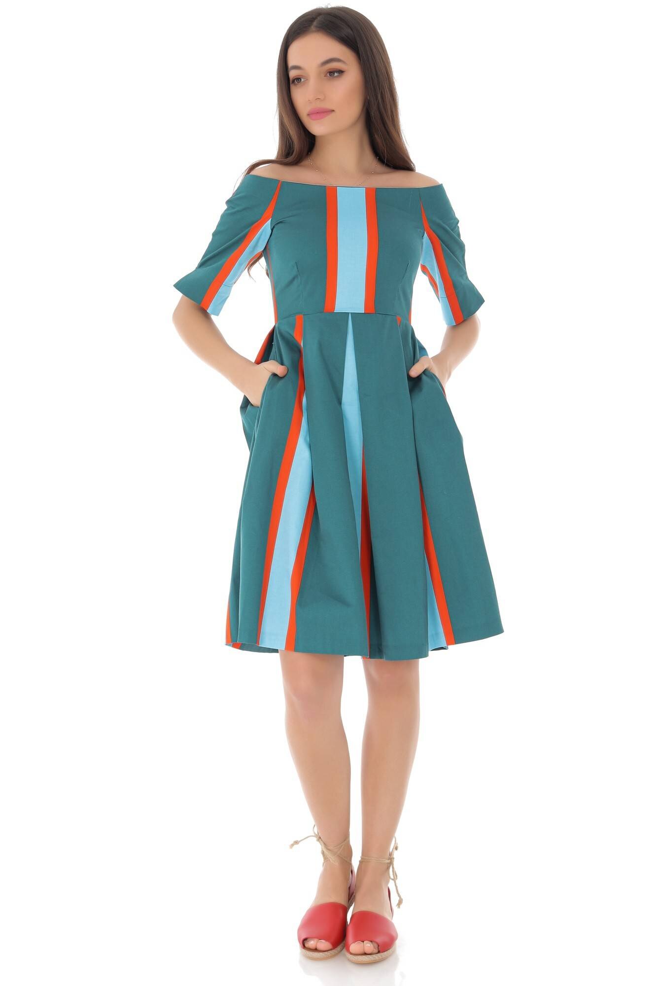 Rochie verde, din bumbac, cu buzunare - ROH - DR4095