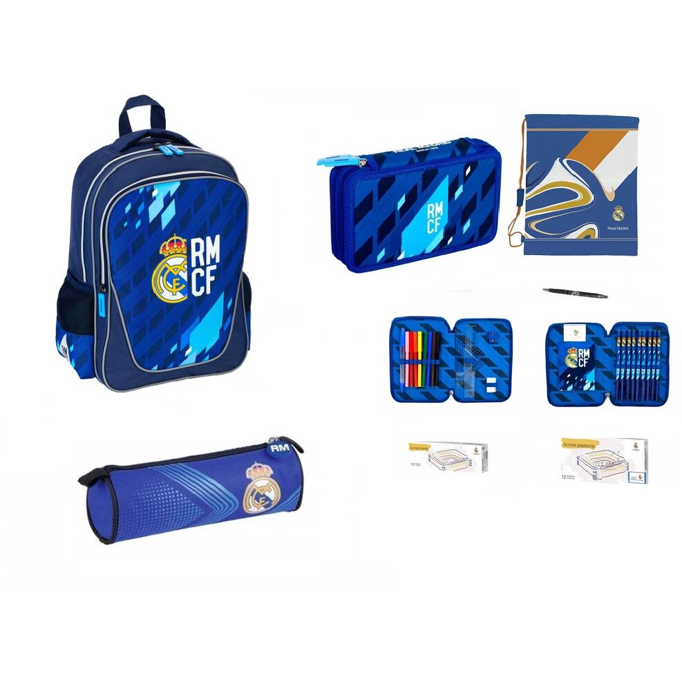 Set rucsac scoala , Real Madrid , husa, penar, sac pentru pantofi, Acuarele, plastilina, multicolor