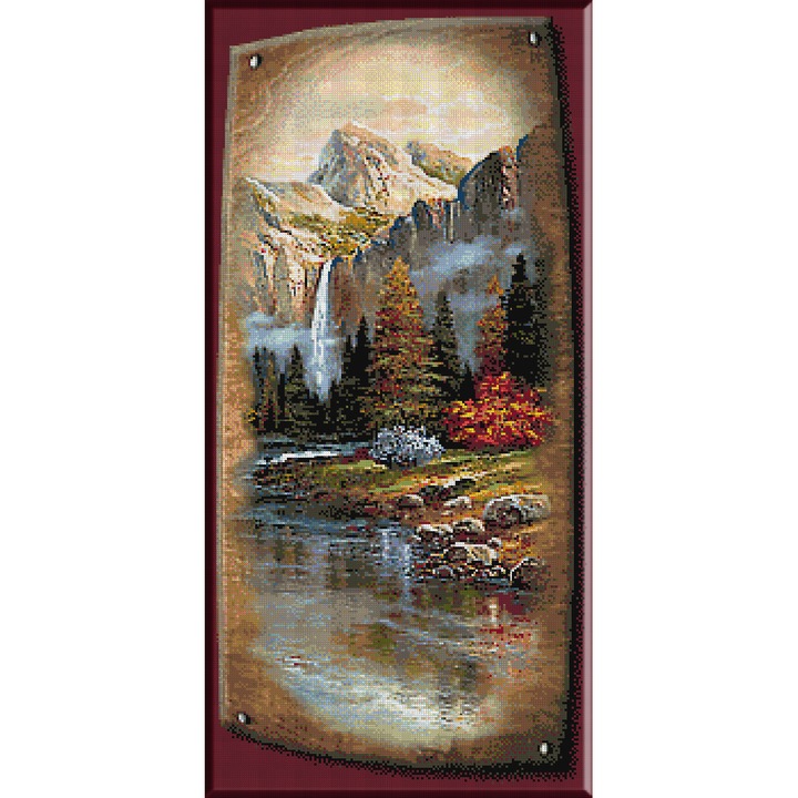 Goblen imprimat cu set ate - Cascada in munti, KRIF, panza 10 ochiuri/cm 42 culori