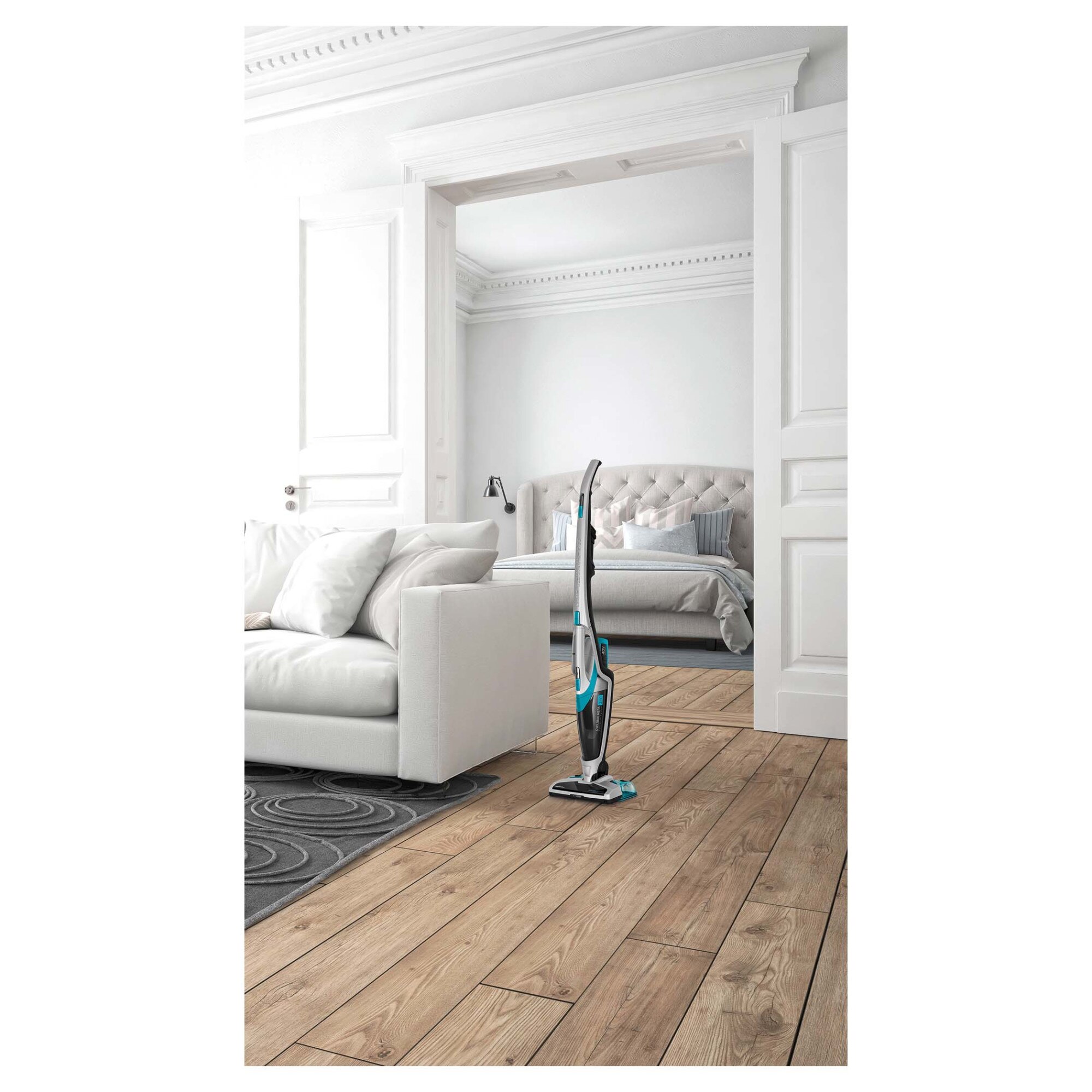 Aspirator vertical fara fir cu spalare Sencor SVC 0740BL-EUE3, Li-ion 2200 mAh, 75dB, autonomie pana la 85 minute, recipient praf 0.5 l, albastru/argintiu