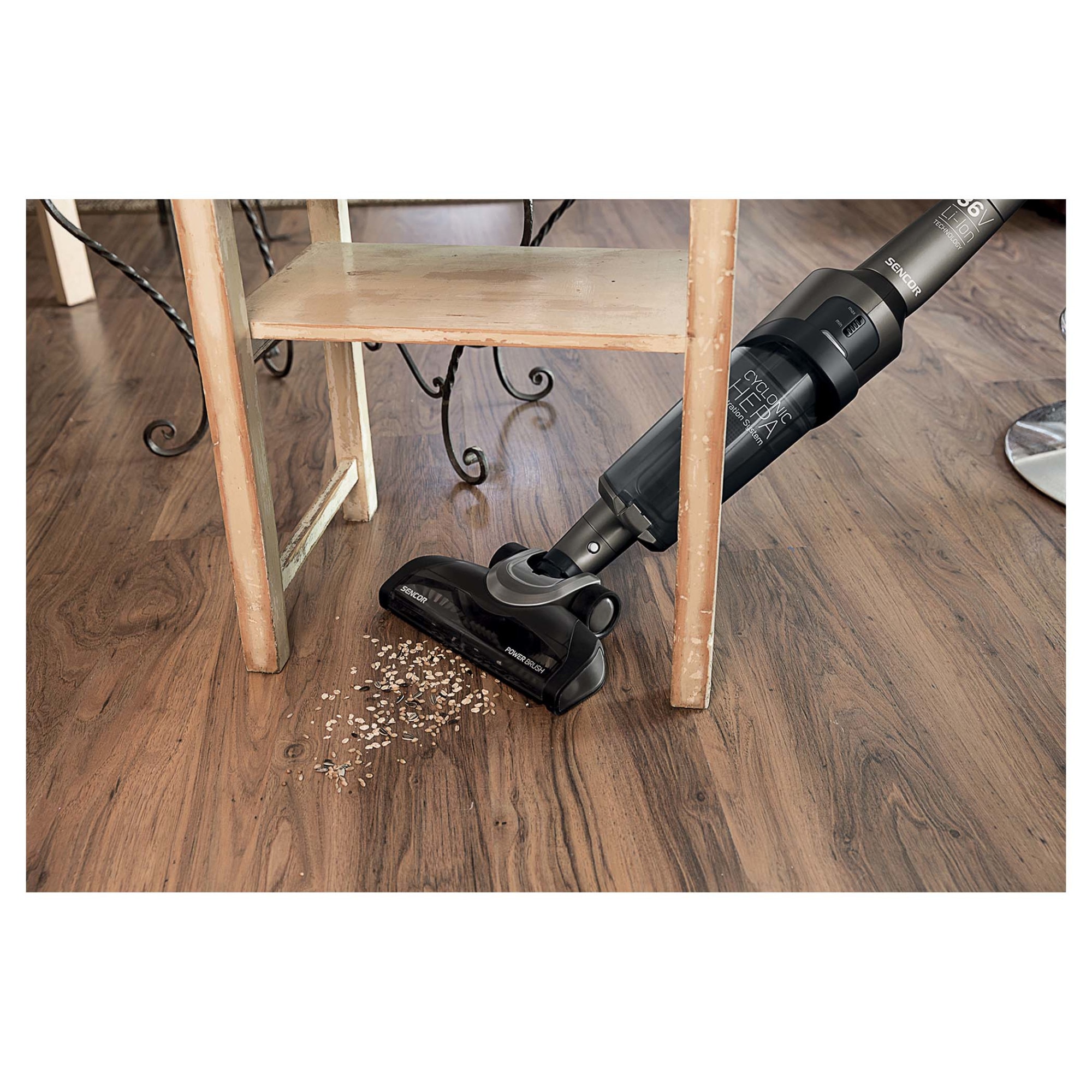 Aspirator vertical fara fir Sencor SVC8936TI, 150 W, 36 V, capacitate recipient praf 1 L, negru