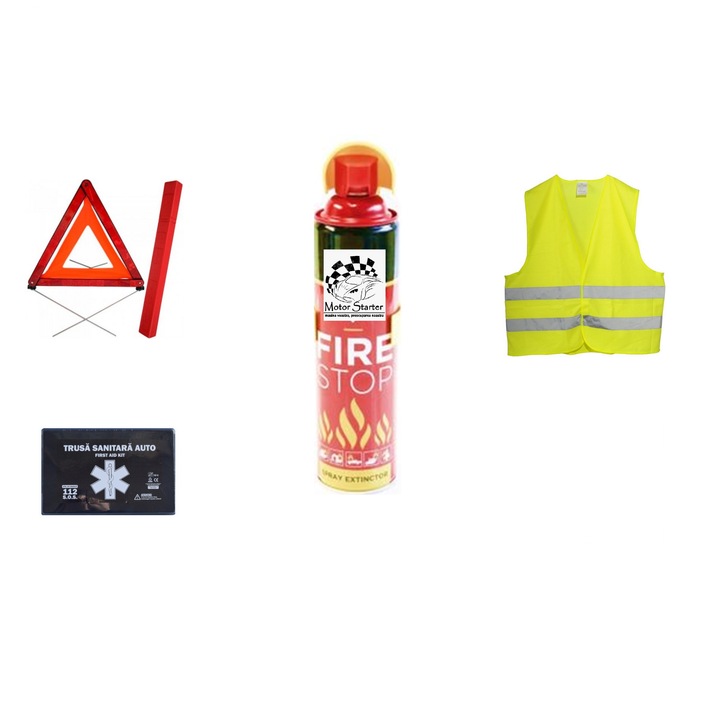 Kit siguranta auto Motor Starter™ - valabilitate 5 ani(2025) - Trusa prim ajutor, 1 x Triunghi, Stingator, Vesta reflectorizanta