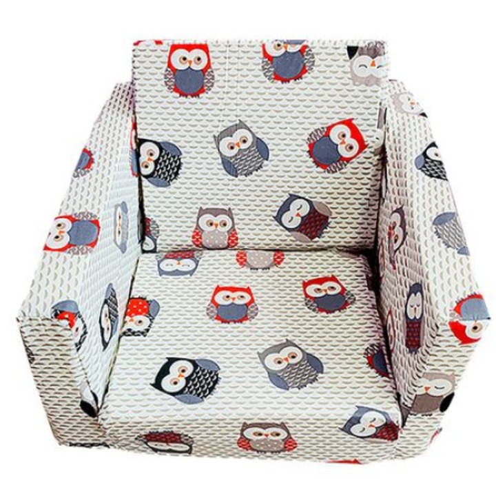 Fotoliu din burete extensibil pentru copii cu bufnita rosu cu gri , varsta 1 ani - 4 ani, 2.5 Kg