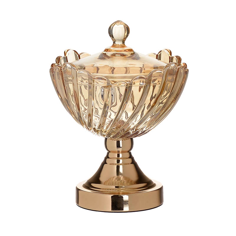 Bomboniera din sticla aurie cu picior metalic 19 x 24 cm