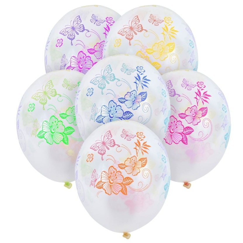 Set 15 baloane, Zola®, albe cu fluturi si flori colorate, dimensiune 30 cm