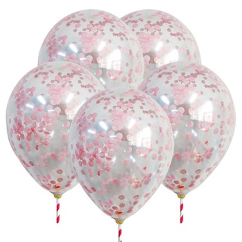 Set 5 baloane, Zola®, transparente cu confetti roz, 23 cm Set 5 baloane, Zola®, transparente cu confetti roz, 23 cm