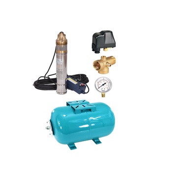 Kit complet pompa submersibila in sistem hidrofor 4SKM150/50 Omnigena, rezervor orizontal 50l, manometru, racord 5 cai, presostat Kit complet pompa submersibila in sistem hidrofor 4SKM150/50 Omnigena, rezervor orizontal 50l, manometru, racord 5 cai, presostat