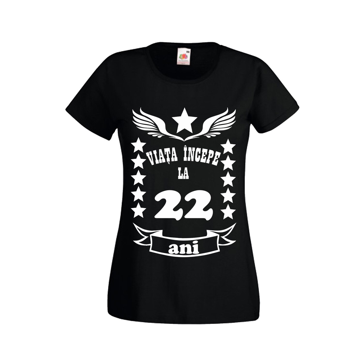 Tricou dama personalizat Fruit of the loom, negru, Viata incepe la 22 ani 2XL