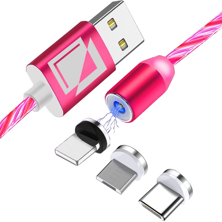 Cablu de incarcare magnetic 3 in 1 cu flux de lumina, TIENTEN, compatibil tip Lightning USB-C Micro-USB, pentru iPhone si android, 5V, 2A, 1m, Rosu