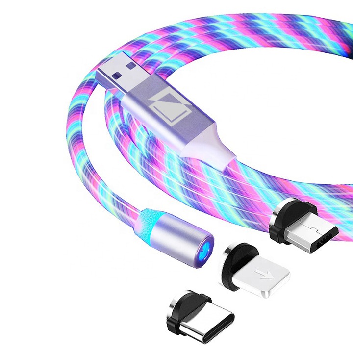 Cablu de incarcare magnetic 3 in 1 cu flux de lumina multicolora, SVOTECH, conectori USB-C Micro-USB Lightning, pentru Android si iPhone, 5V, 2A, 1m, Alb