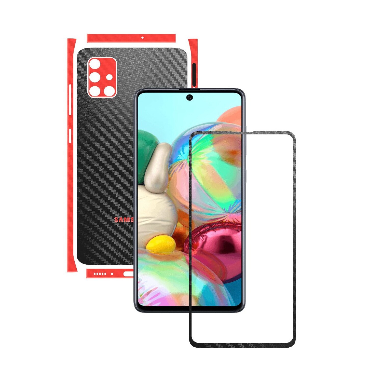 Folie Protectie Carbon Skinz pentru Samsung Galaxy A51 - Carbon Two Tone Negru / Rosu, Skin Adeziv Full Body Cover pentru Rama Ecran, Carcasa Spate si Laterale