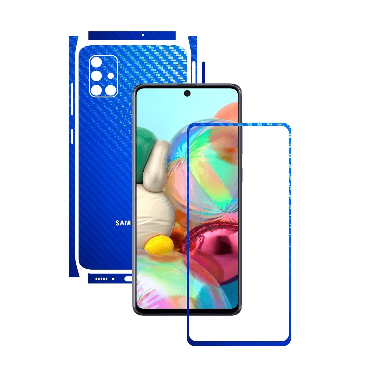 Folie Protectie Carbon Skinz pentru Samsung Galaxy A71 - Carbon Albastru Split Cut, Skin Adeziv Full Body Cover pentru Rama Ecran, Carcasa Spate si Laterale