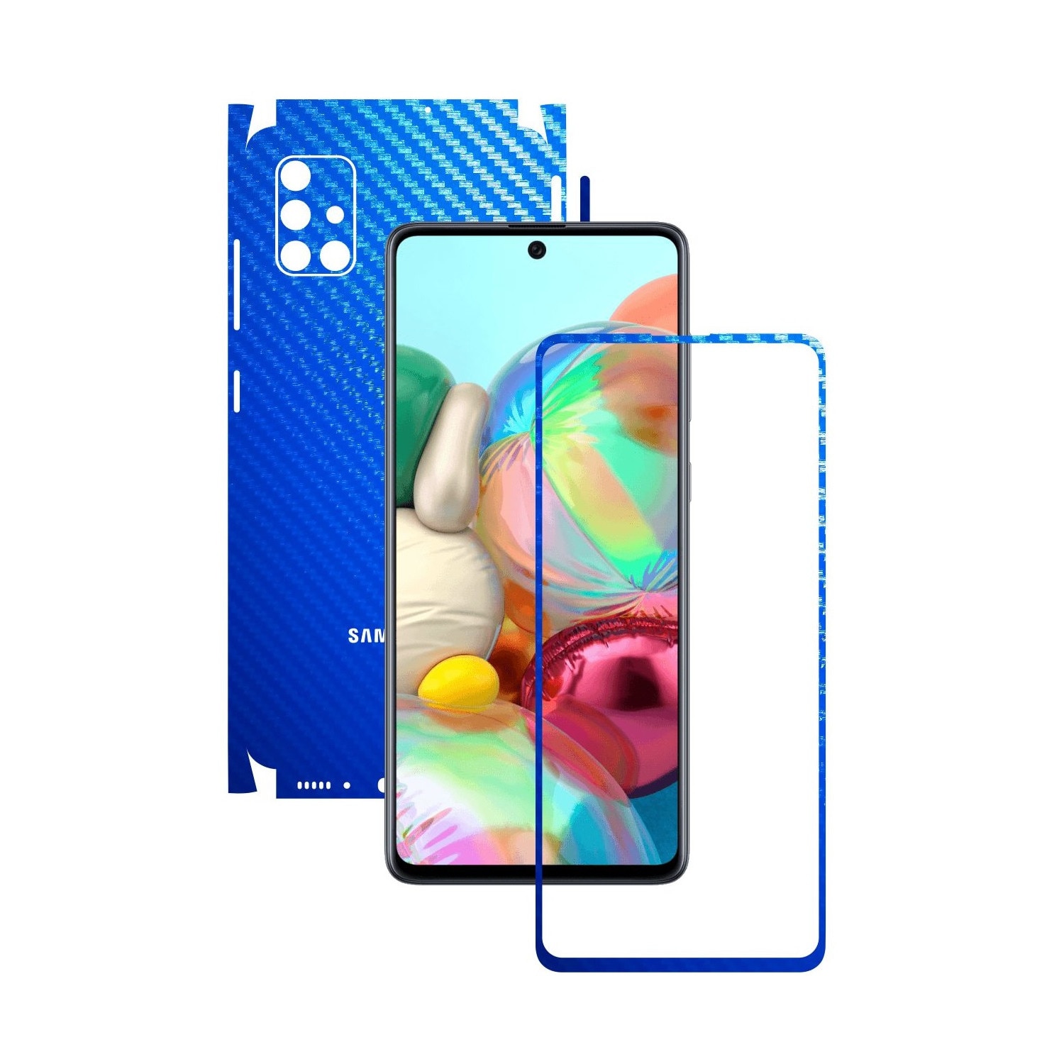 Folie Protectie Carbon Skinz pentru Samsung Galaxy A71 - Carbon Albastru 360 Cut, Skin Adeziv Full Body Cover pentru Rama Ecran, Carcasa Spate si Laterale