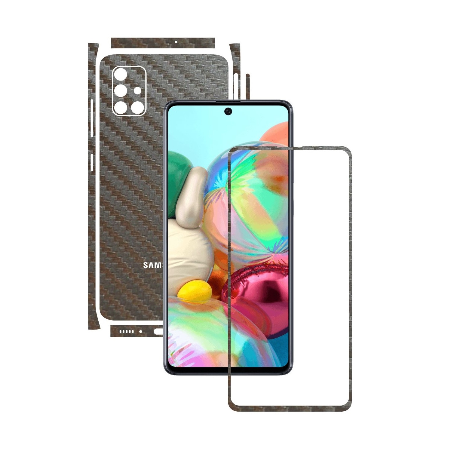 Folie Protectie Carbon Skinz pentru Samsung Galaxy A71 - Carbon Gri Argintiu Split Cut, Skin Adeziv Full Body Cover pentru Rama Ecran, Carcasa Spate si Laterale