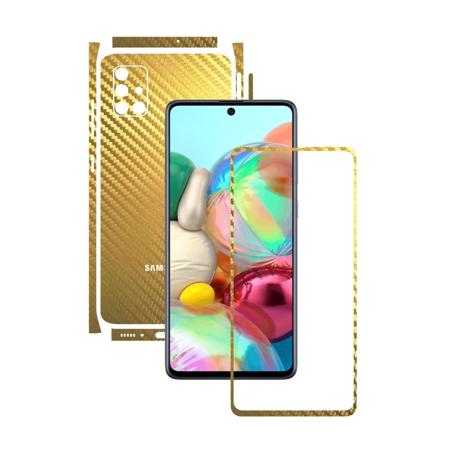 Folie Protectie Carbon Skinz pentru Samsung Galaxy A51 - Carbon Auriu Split Cut, Skin Adeziv Full Body Cover pentru Rama Ecran, Carcasa Spate si Laterale