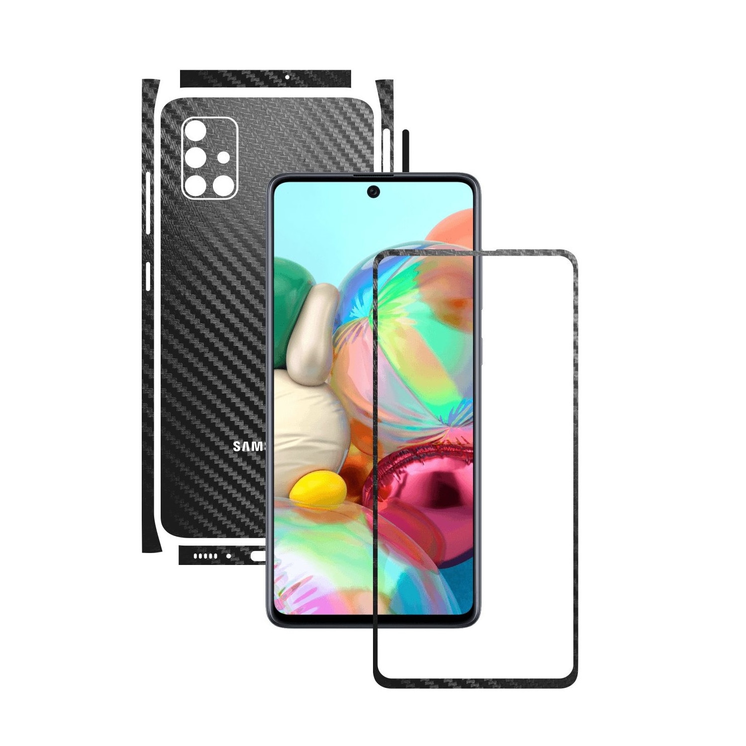 Folie Protectie Carbon Skinz pentru Samsung Galaxy A71 - Carbon Negru Split Cut, Skin Adeziv Full Body Cover pentru Rama Ecran, Carcasa Spate si Laterale