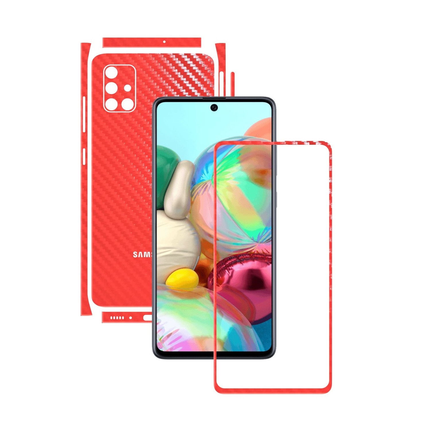 Folie Protectie Carbon Skinz pentru Samsung Galaxy A71 - Carbon Rosu Split Cut, Skin Adeziv Full Body Cover pentru Rama Ecran, Carcasa Spate si Laterale