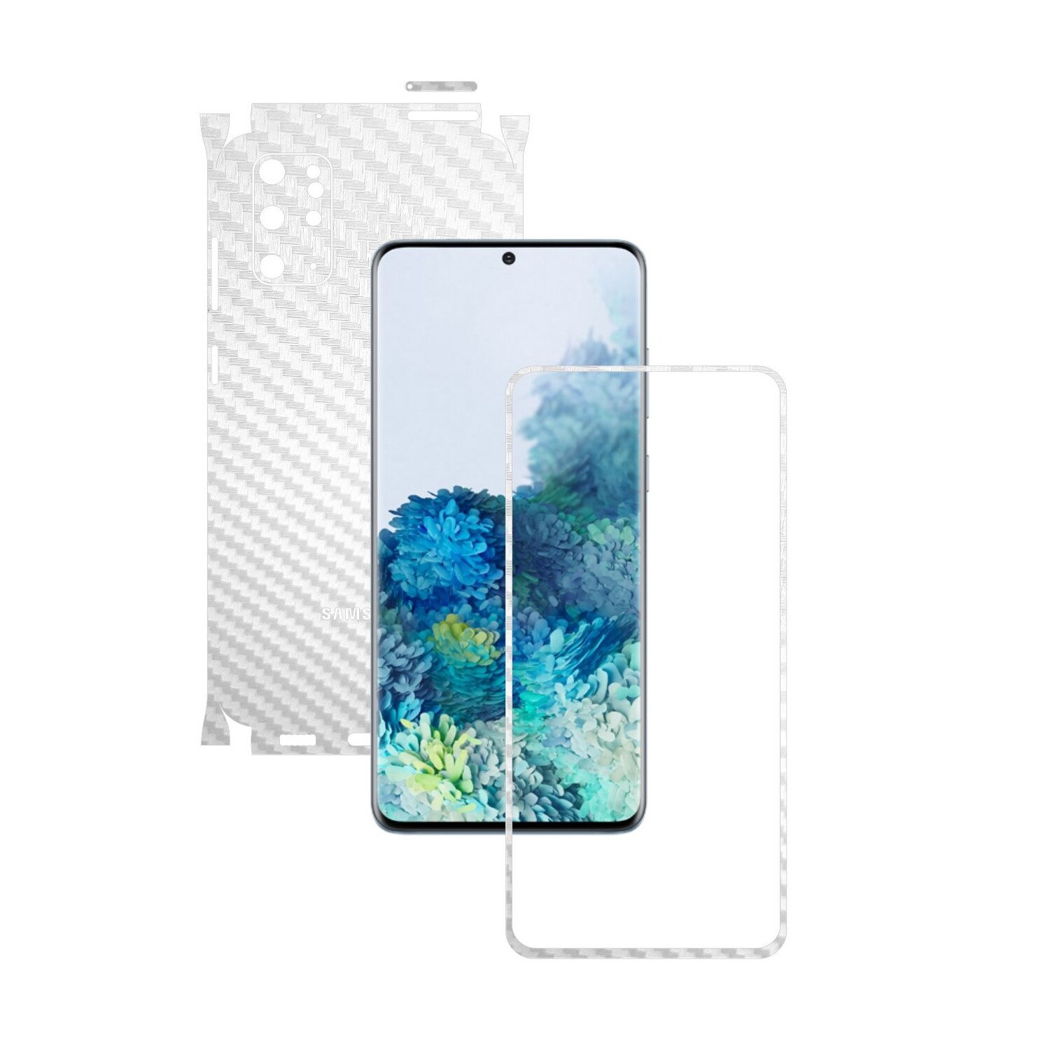 Folie Protectie Carbon Skinz pentru Samsung Galaxy S20+ Plus, (5G) - Carbon Alb 360 Cut, Skin Adeziv Full Body Cover pentru Rama Ecran, Carcasa Spate si Laterale