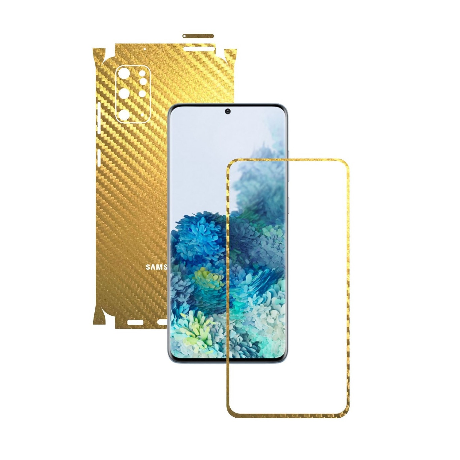 Folie Protectie Carbon Skinz pentru Samsung Galaxy S20+ Plus, (5G) - Carbon Auriu 360 Cut, Skin Adeziv Full Body Cover pentru Rama Ecran, Carcasa Spate si Laterale