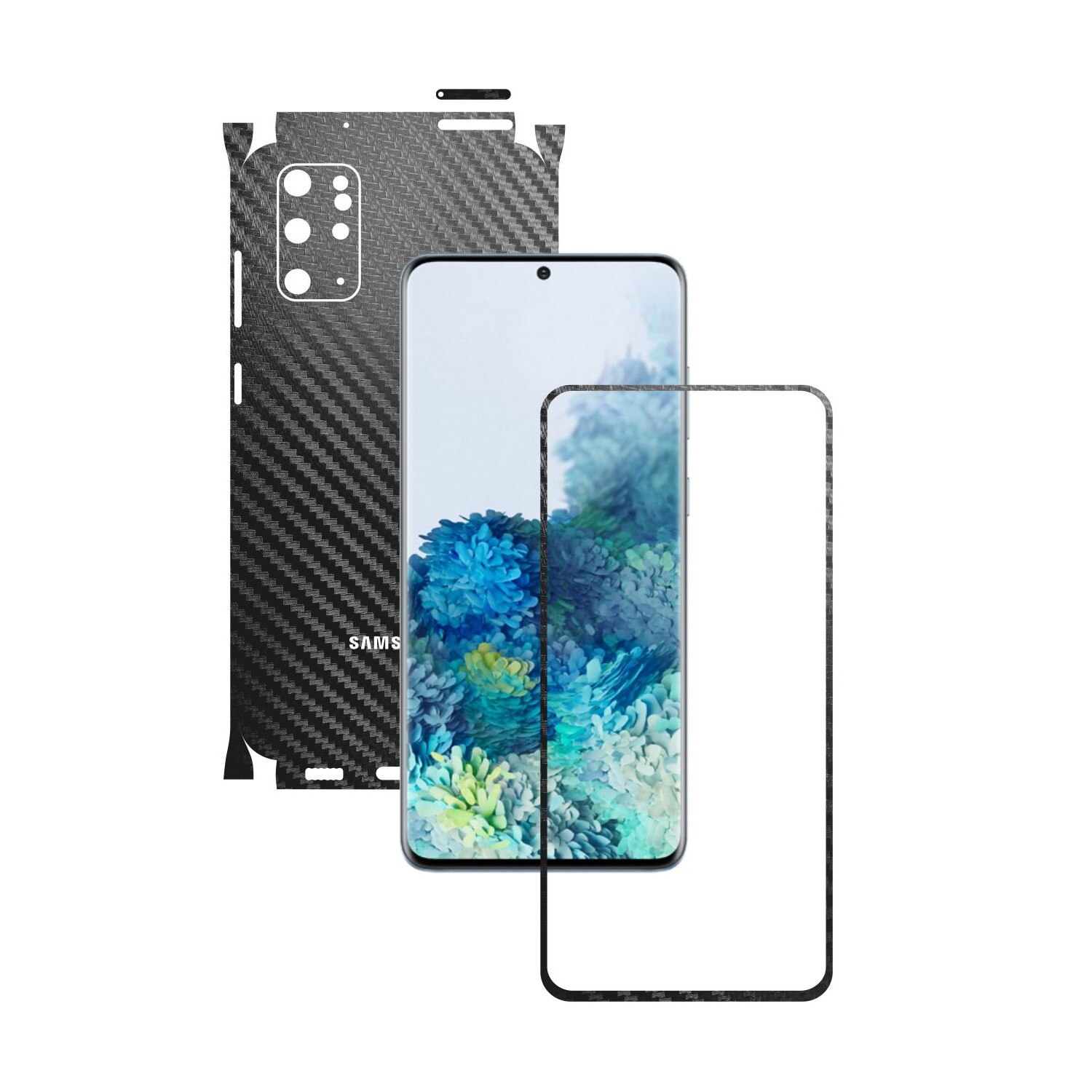 Folie Protectie Carbon Skinz pentru Samsung Galaxy S20+ Plus, (5G) - Carbon Negru 360 Cut, Skin Adeziv Full Body Cover pentru Rama Ecran, Carcasa Spate si Laterale