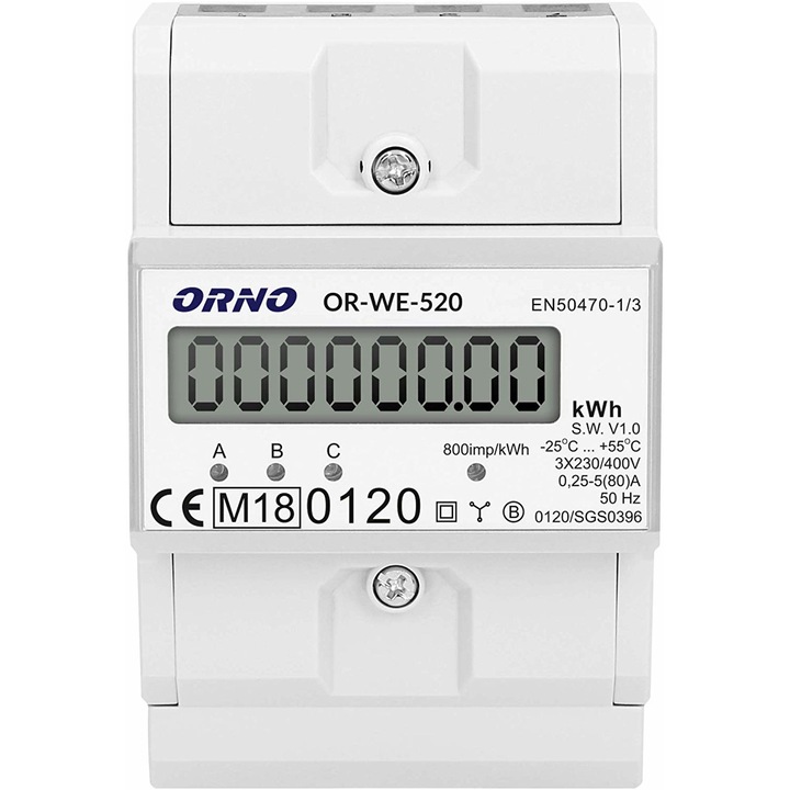 Contor trifazic ORNO OR-WE-520, 80A, certificare MID, 3 faze, 230V, clasa de masurare B, frecventa de impuls 800 imp/kWh, IP51, gri