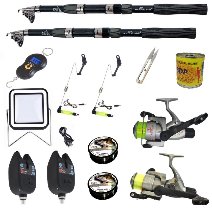 Set complet de pescuit sportiv cu lanseta Wind Blade de 2.7 m, mulinete Cobra, 2 senzori, guta, cantar electronic, swingeri si boabe
