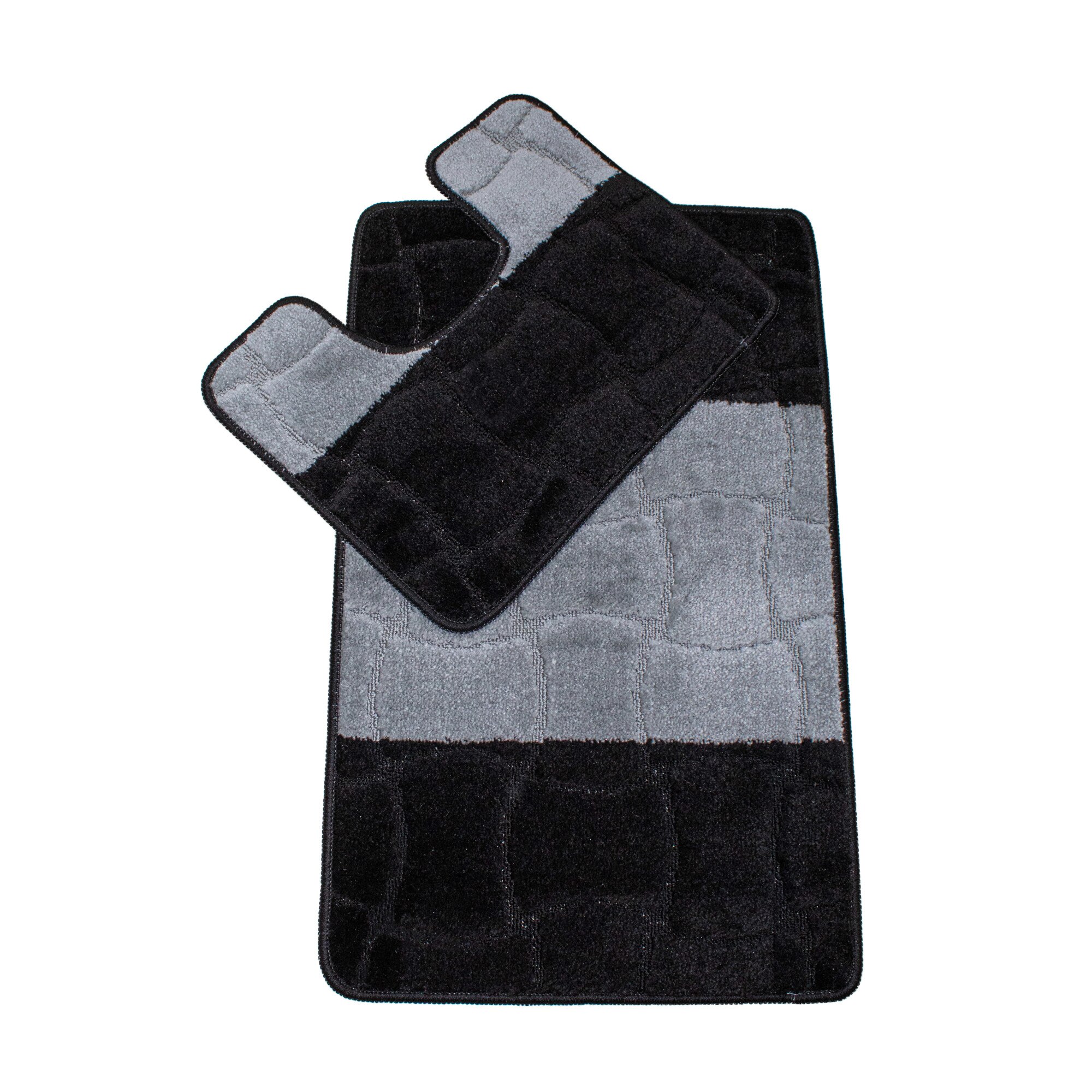 Set 2 covorase baie Basic Standard , 50x80cm/40x50cm, antiderapant, polipropilena, tip dungi, culoare gri si negru , model patrate, gramaj 800 g