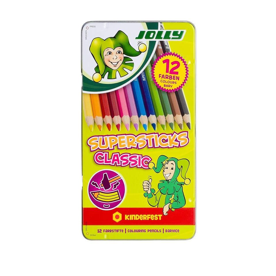 Set 12 creioane colorate ,12 culori, cutie metalica, Jolly