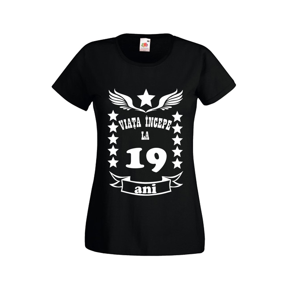 Tricou dama personalizat Fruit of the loom, negru, Viata incepe la 19 ani 2XL