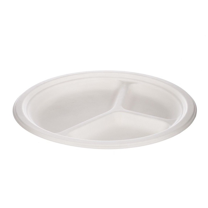 Farfurie Alba cu 3 Compartimente din Trestie de Zahar, Diametru 25 cm, 50 Bucati/Set
