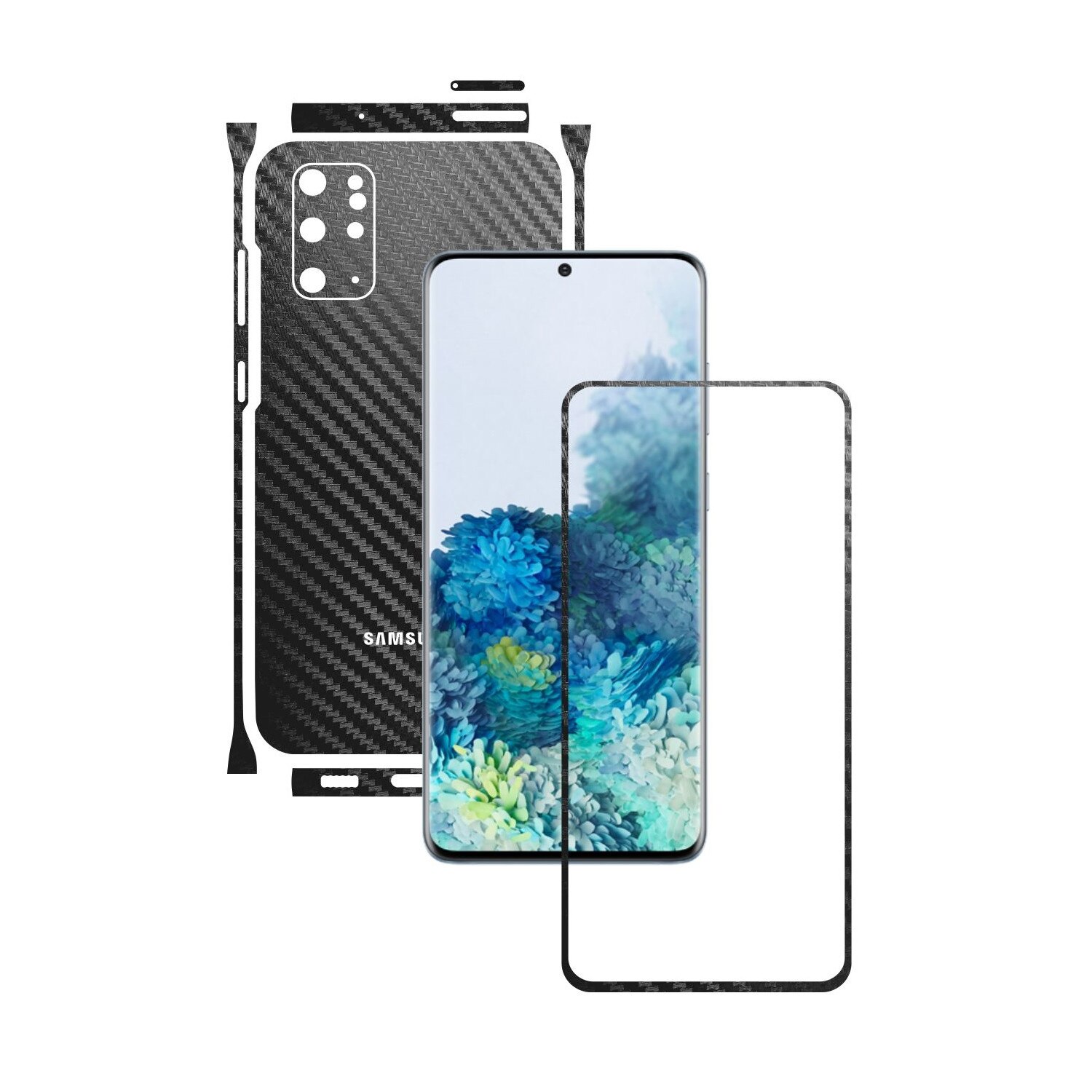 Folie Protectie Carbon Skinz pentru Samsung Galaxy S20+ Plus, (5G) - Carbon Negru Split Cut, Skin Adeziv Full Body Cover pentru Rama Ecran, Carcasa Spate si Laterale
