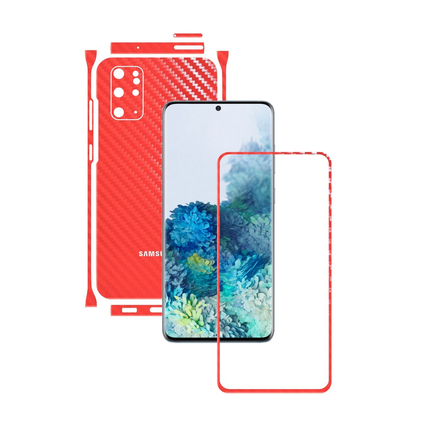Folie Protectie Carbon Skinz pentru Samsung Galaxy S20+ Plus, (5G) - Carbon Rosu Split Cut, Skin Adeziv Full Body Cover pentru Rama Ecran, Carcasa Spate si Laterale