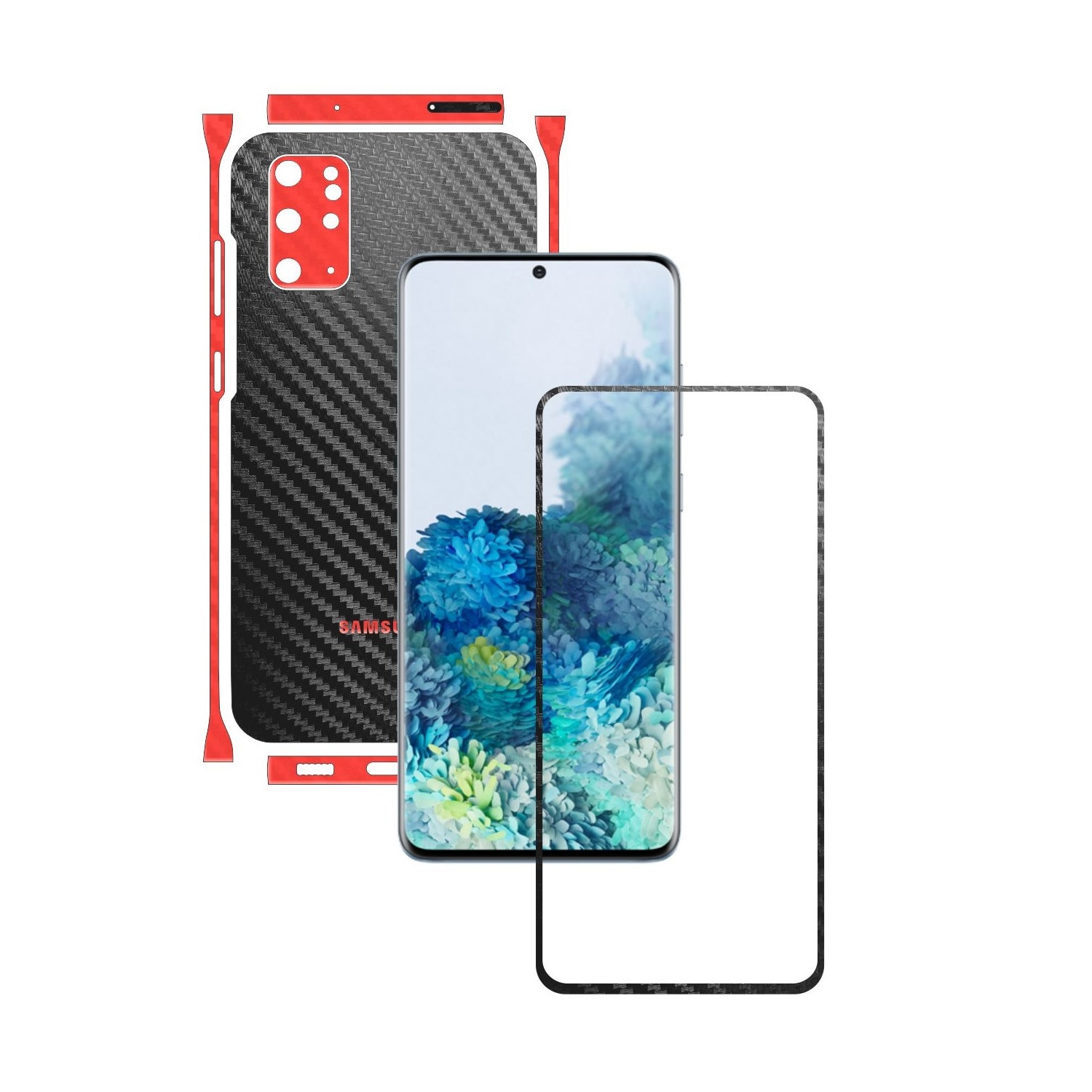 Folie Protectie Carbon Skinz pentru Samsung Galaxy S20+ Plus, (5G) - Carbon Two Tone Negru / Rosu, Skin Adeziv Full Body Cover pentru Rama Ecran, Carcasa Spate si Laterale