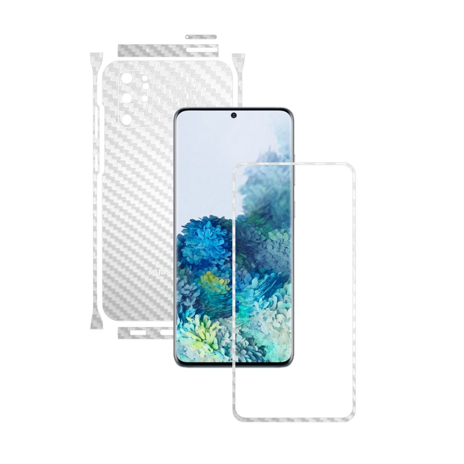 Folie Protectie Carbon Skinz pentru Samsung Galaxy S20+ Plus, (5G) - Carbon Alb Split Cut, Skin Adeziv Full Body Cover pentru Rama Ecran, Carcasa Spate si Laterale