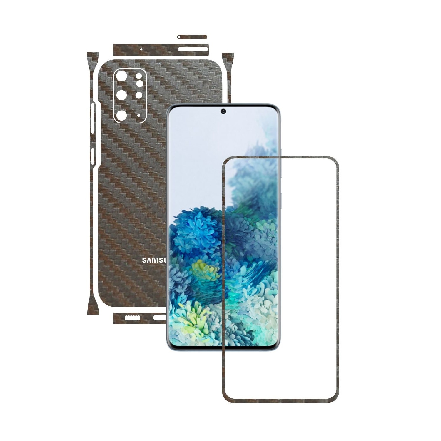 Folie Protectie Carbon Skinz pentru Samsung Galaxy S20+ Plus, (5G) - Carbon Gri Argintiu Split Cut, Skin Adeziv Full Body Cover pentru Rama Ecran, Carcasa Spate si Laterale