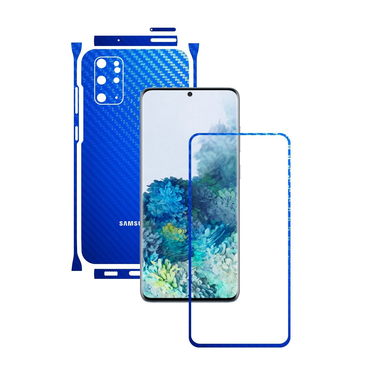 Folie Protectie Carbon Skinz pentru Samsung Galaxy S20+ Plus, (5G) - Carbon Albastru Split Cut, Skin Adeziv Full Body Cover pentru Rama Ecran, Carcasa Spate si Laterale