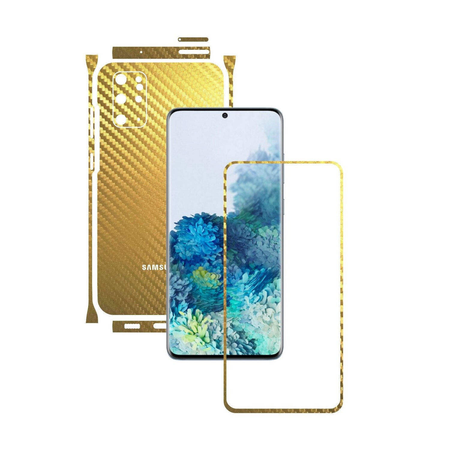 Folie Protectie Carbon Skinz pentru Samsung Galaxy S20+ Plus, (5G) - Carbon Auriu Split Cut, Skin Adeziv Full Body Cover pentru Rama Ecran, Carcasa Spate si Laterale