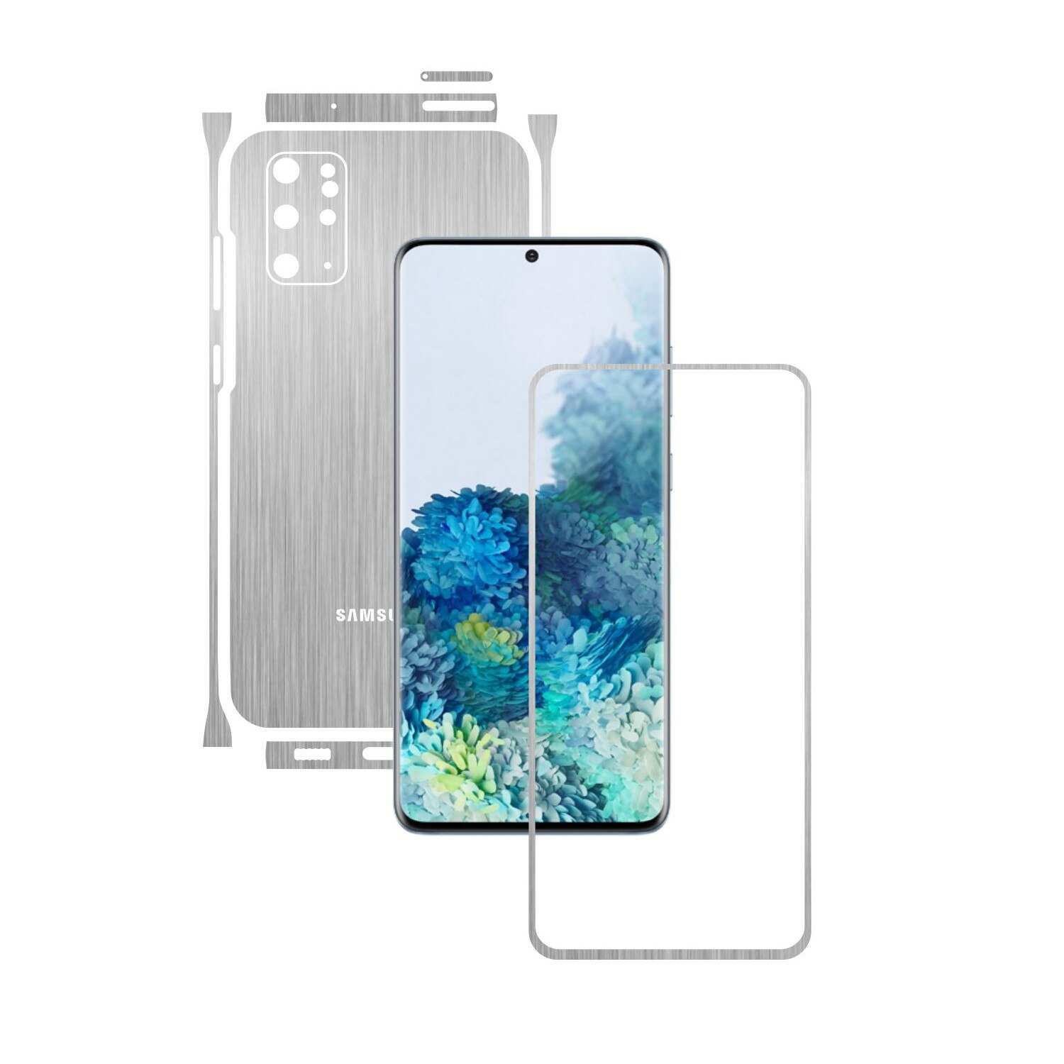 Folie Protectie Carbon Skinz pentru Samsung Galaxy S20+ Plus, (5G) - Brushed Argintiu Split Cut, Skin Adeziv Full Body Cover pentru Rama Ecran, Carcasa Spate si Laterale