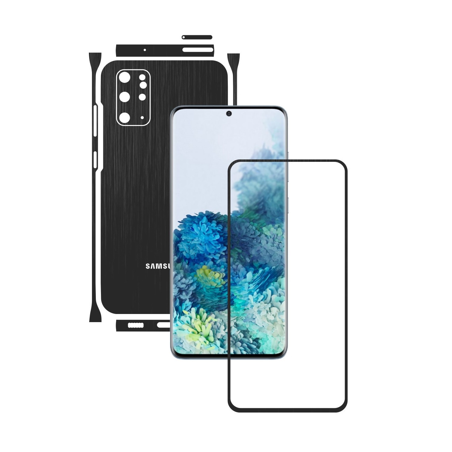 Folie Protectie Carbon Skinz pentru Samsung Galaxy S20+ Plus, (5G) - Brushed Negru Split Cut, Skin Adeziv Full Body Cover pentru Rama Ecran, Carcasa Spate si Laterale