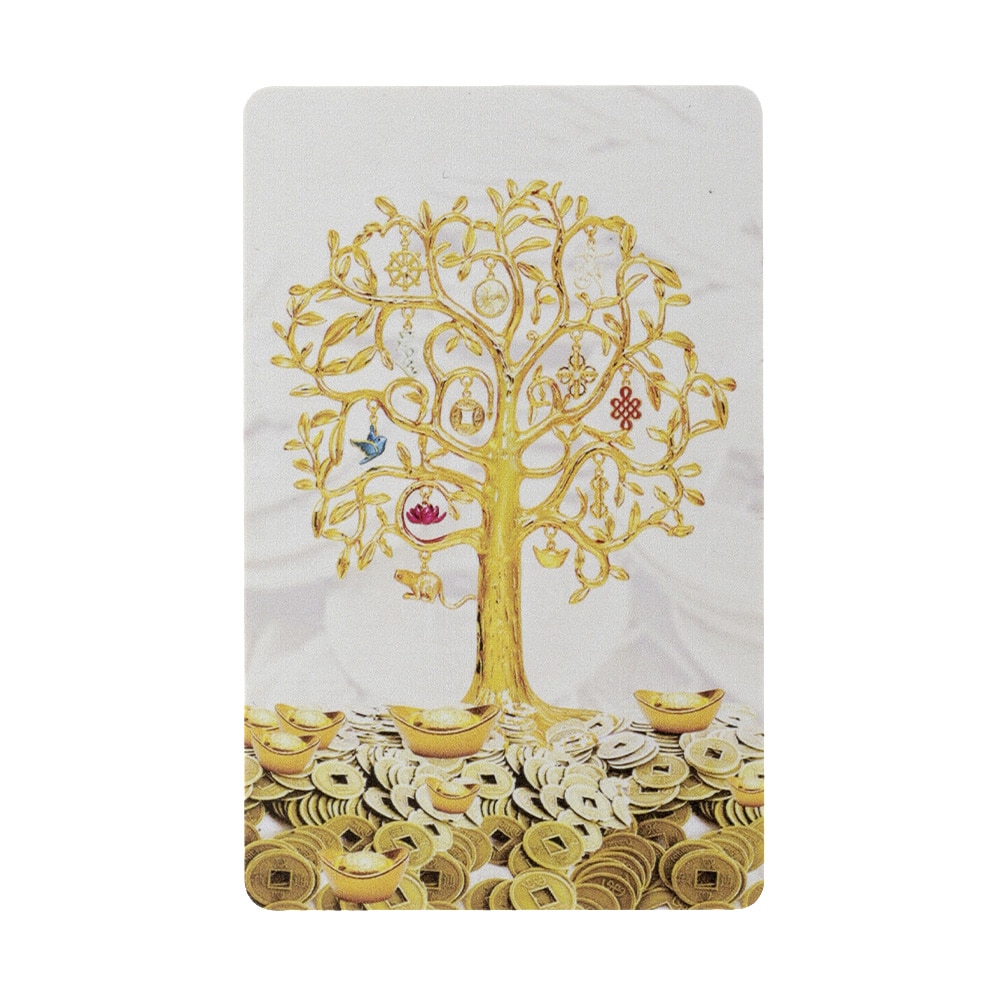 Card Feng Shui amuleta cu cele 8 simboluri norocoase si copacul  prosperitatii din pastic auriu metalizat, 55x85 mm - eMAG.ro