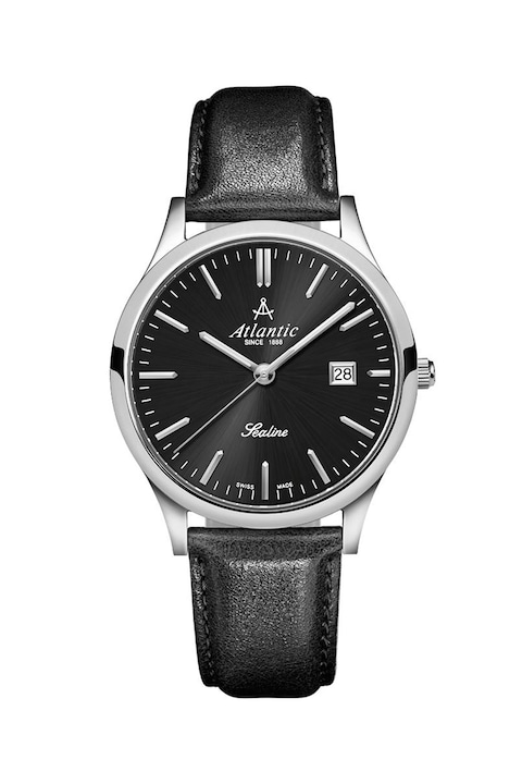 Atlantic, Часовник с кожена каишка, Черен / Сребрист