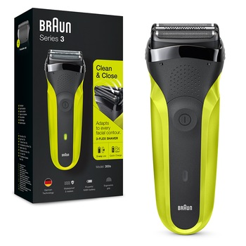 Aparat de ras Braun Series 3 300s, Wet&Dry, 3-Flex Blades, maner ergonomic, autonomie 30 min, Negru/Verde