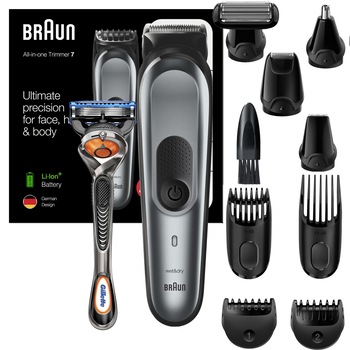 Aparat pentru tuns si ingrijirea barbii Braun MGK7221 Wet&Dry, AutoSense, lame de metal, 10 in 1 pentru fata si corp, 4 piepteni, 4 accesorii extra, Statie de incarcare, Aparat de ras Gillette, Saculet de voiaj, Negru/Gri Aparat pentru tuns si ingrijirea barbii Braun MGK7221 Wet&Dry, AutoSense, lame de metal, 10 in 1 pentru fata si corp, 4 piepteni, 4 accesorii extra, Statie de incarcare, Aparat de ras Gillette, Saculet de voiaj, Negru/Gri