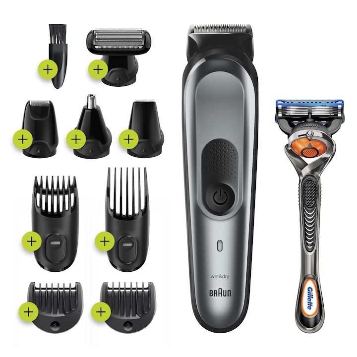 Тример за коса и брада Braun MGK7221, Wet&Dry, 10 in 1 за лице и тяло, 8 аксесоара + Самобръсначка Gillette Fusion5 ProGlide