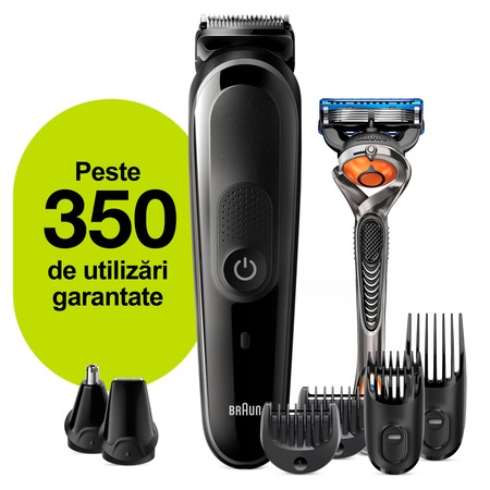Aparat de tuns multifunctional Braun MGK5260 Wet&Dry, AutoSense, 8-in-1 pentru fata si corp, 4 piepteni, 1 accesoriu extra, Aparat de ras Gillette, Negru