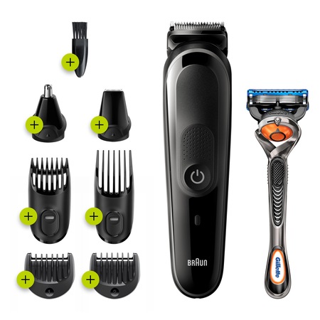 Aparat de tuns multifunctional Braun MGK5260 Wet&Dry, AutoSense, 8-in-1 pentru fata si corp, 4 piepteni, 1 accesoriu extra, Aparat de ras Gillette, Negru