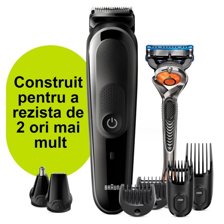 Aparat de tuns multifunctional Braun MGK5260 Wet&Dry, AutoSense, 8-in-1 pentru fata si corp, 4 piepteni, 1 accesoriu extra, Aparat de ras Gillette, Negru