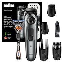 Aparat de tuns barba si parul Braun BT7220, Lame ascutite durabile si Trimmer metalic, 39 setari de lungime, 2 piepteni, trimmer pentru precizie, trimmer cu folie, aparat de ras Gillette Flexball, Acumulator, Negru/Argintiu