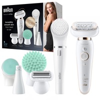 Epilator Braun Silk-épil 9 9/9300 Sistem Flex, SensoSmart, Micro-Grip, Wet & Dry, 40 pensete, 2 viteze, cap de ras, Epilator FaceSpa, 3 accesorii ingrijire ten, Geanta pentru voiaj, Alb/Auriu