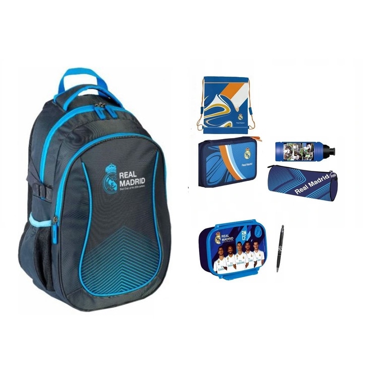 Set rucsac scoala Real Madrid, penar, sac pentru pantofi, husa, pen, sticla de apa, cantina, multicolor